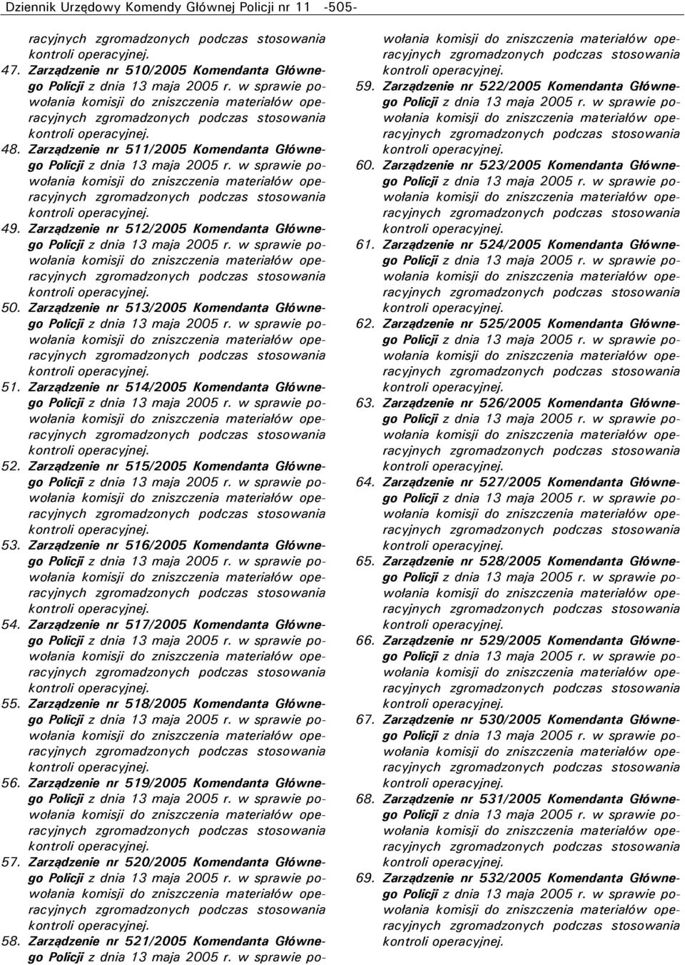 Zarządzenie nr 516/2005 Komendanta Głównego 54. Zarządzenie nr 517/2005 Komendanta Głównego 55. Zarządzenie nr 518/2005 Komendanta Głównego 56. Zarządzenie nr 519/2005 Komendanta Głównego 57.