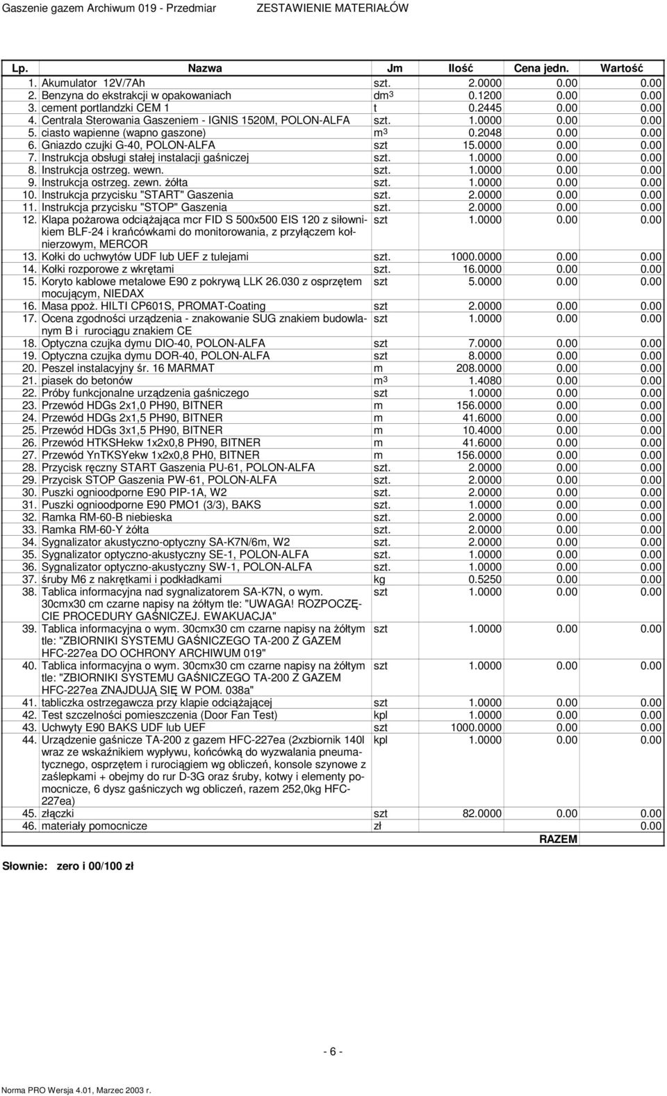 Instrukcja obsługi stałej instalacji gaśniczej 1.0000 0.00 0.00 8. Instrukcja ostrzeg. wewn. 1.0000 0.00 0.00 9. Instrukcja ostrzeg. zewn. żółta 1.0000 0.00 0.00 10.