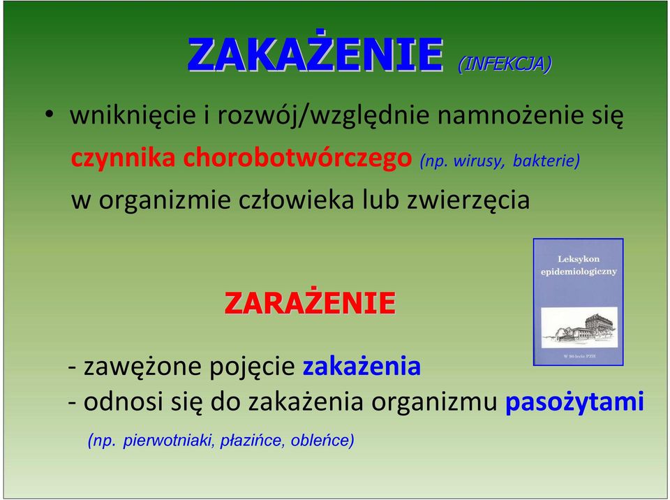 wirusy, bakterie) w organizmie człowieka lub zwierzęcia ZARAŻENIE -