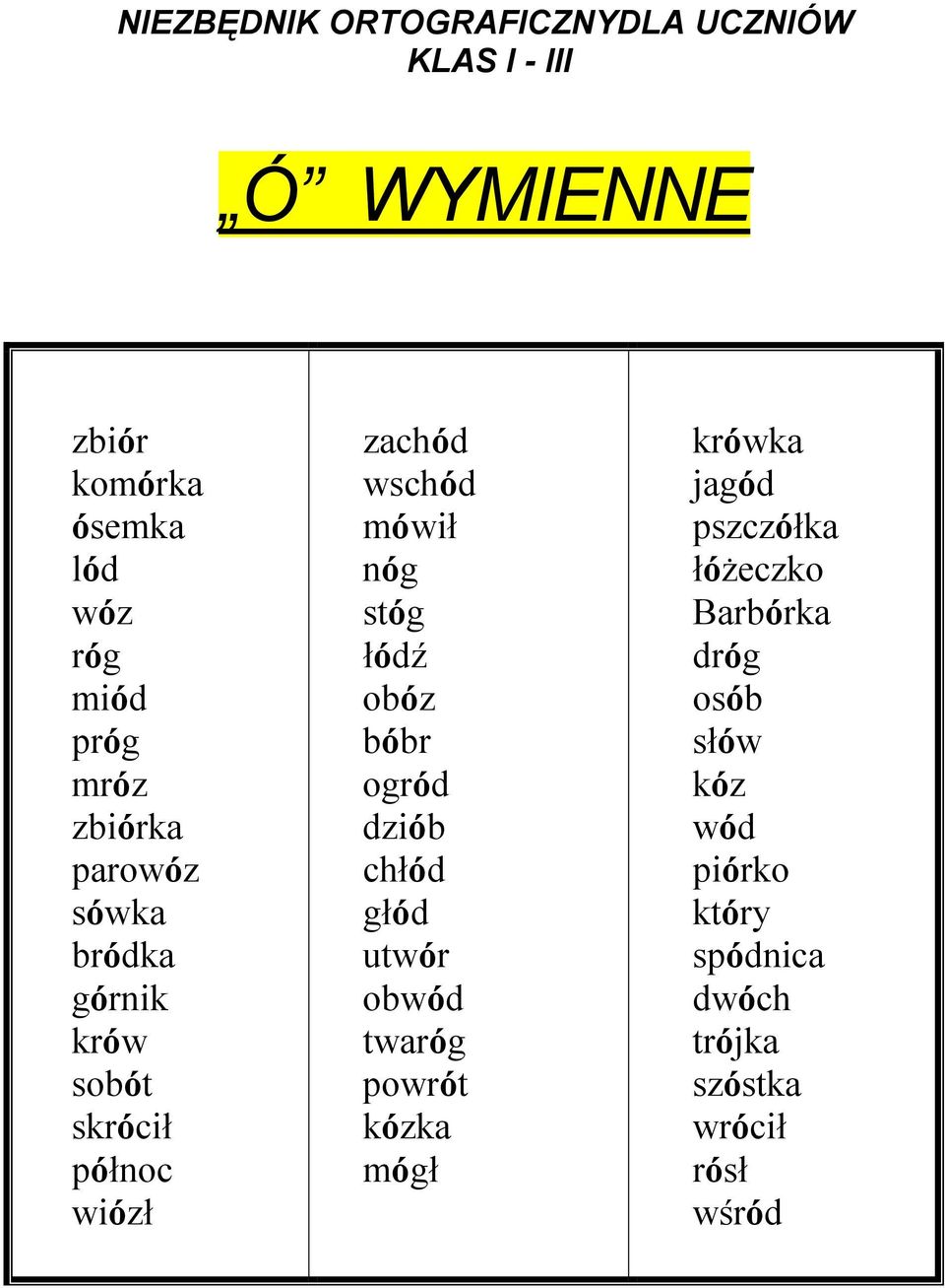 nóg stóg łódź obóz bóbr ogród dziób chłód głód utwór obwód twaróg powrót kózka mógł krówka jagód