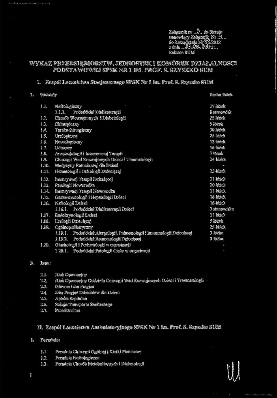 Oddziały liczba łóżek 1.1. Nefrologiczny 17 łóżek 1.1.1. Pododdział Dializoterapii 8 stanowisk l.2. Chorób Wewnętrznych i Diabetologii 25 łóżek 1.3. Chirurgiczny 5 łóżek 1.4.