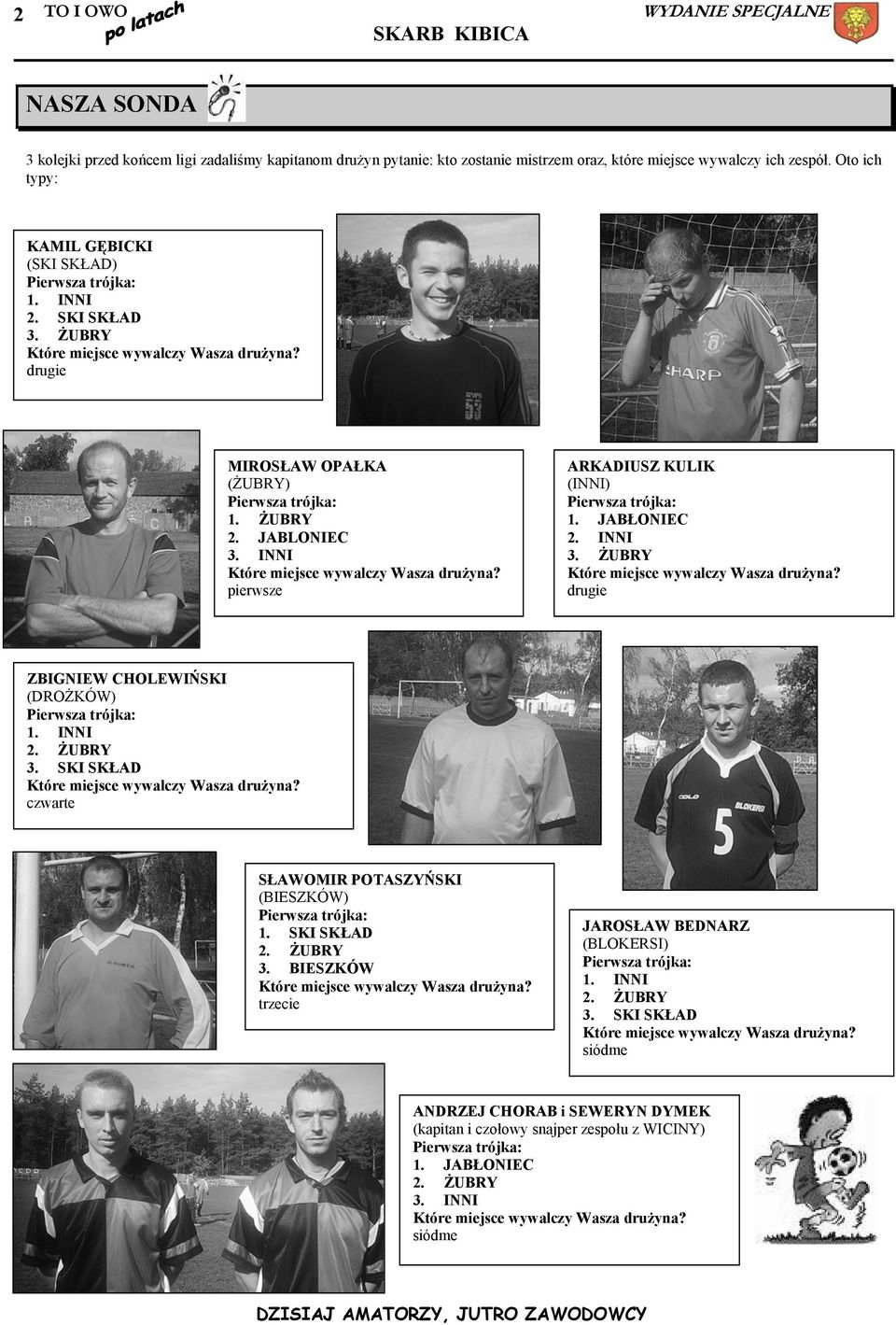 INNI pierwsze ARKADIUSZ KULIK (INNI) 1. JABŁONIEC 2. INNI 3. ŻUBRY drugie ZBIGNIEW CHOLEWIŃSKI (DROŻKÓW) 1. INNI 3. SKI SKŁAD czwarte SŁAWOMIR POTASZYŃSKI (BIESZKÓW) 1.
