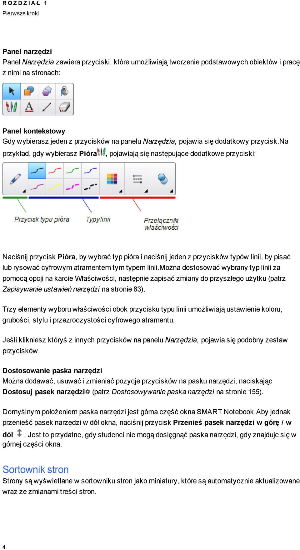 na przykład, dy wybierasz Pióra, pjawiają się następujące ddatkwe przyciski: Naciśnij przycisk Pióra, by wybrać typ pióra i naciśnij jeden z przycisków typów linii, by pisać lub ryswać cyfrwym