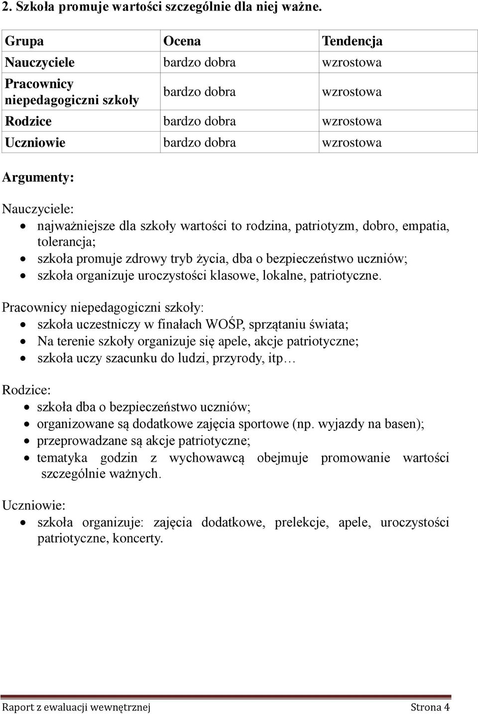 tolerancja; szkoła promuje zdrowy tryb życia, dba o bezpieczeństwo uczniów; szkoła organizuje uroczystości klasowe, lokalne, patriotyczne.