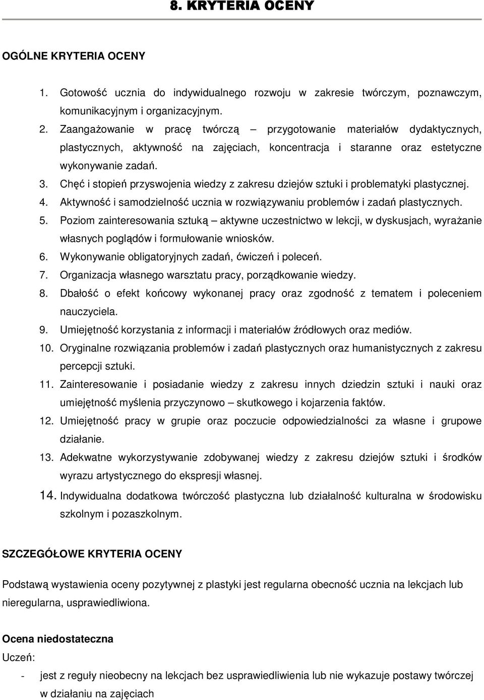 Chęć i stopień przyswojenia wiedzy z zakresu dziejów sztuki i problematyki plastycznej. 4. Aktywność i samodzielność ucznia w rozwiązywaniu problemów i zadań plastycznych. 5.