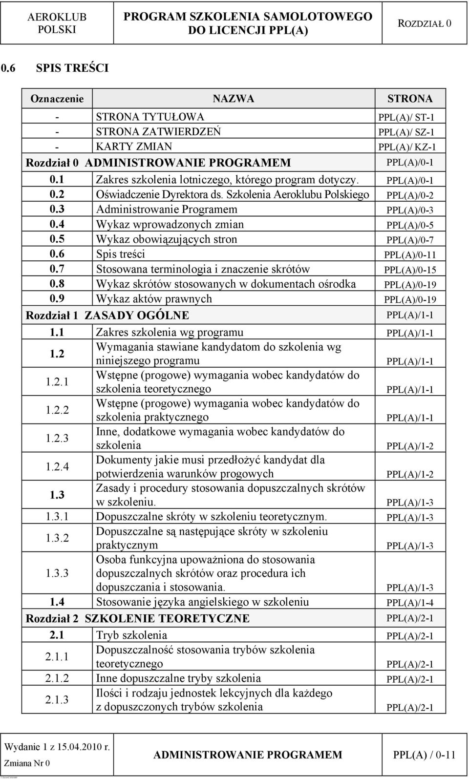 4 Wykaz wprowadzonych zmian PPL(A)/0-5 0.5 Wykaz obowiązujących stron PPL(A)/0-7 0.6 Spis treści PPL(A)/0-11 0.7 Stosowana terminologia i znaczenie skrótów PPL(A)/0-15 0.