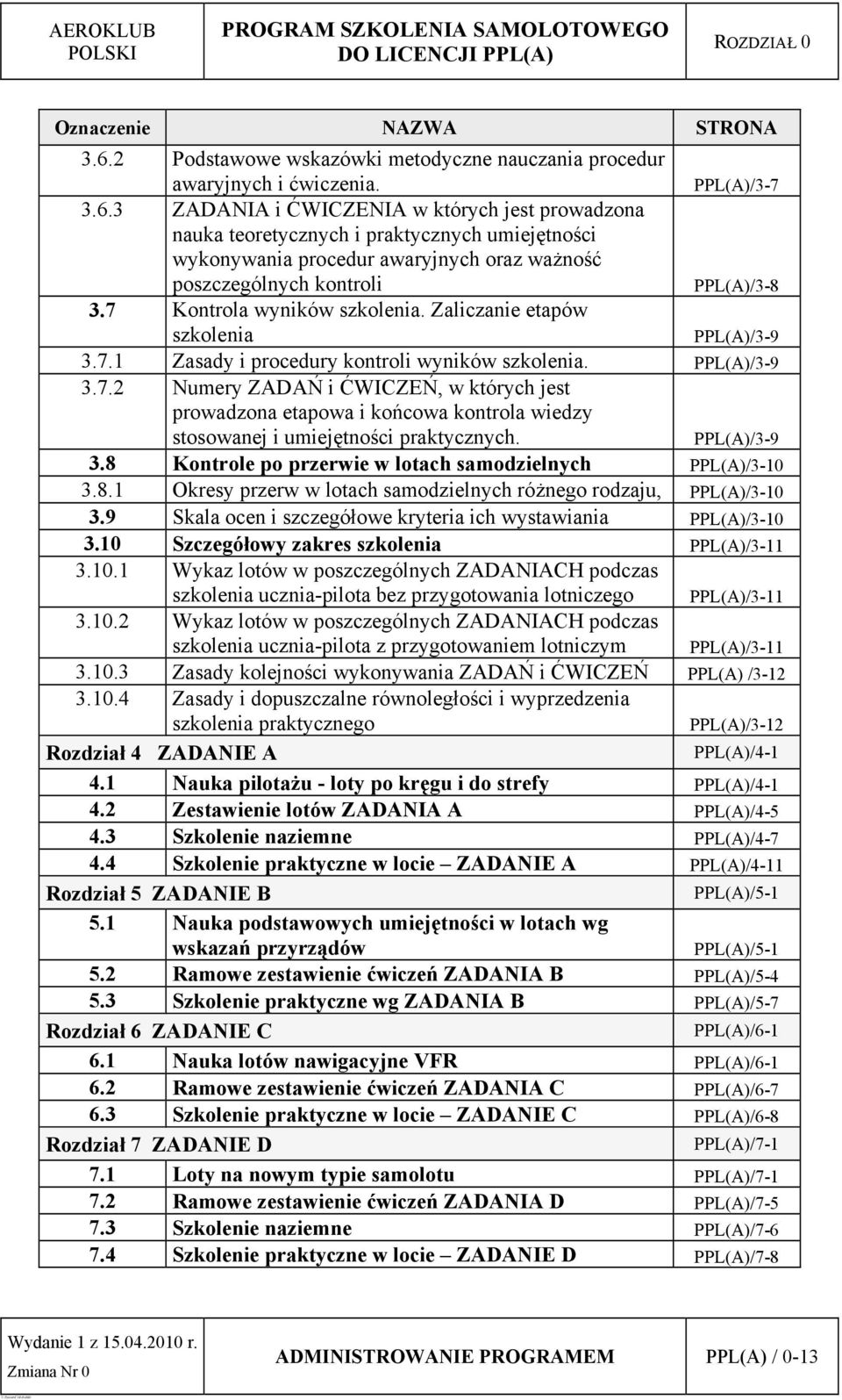 3 ZADANIA i ĆWICZENIA w których jest prowadzona nauka teoretycznych i praktycznych umiejętności wykonywania procedur awaryjnych oraz ważność poszczególnych kontroli PPL(A)/3-8 3.