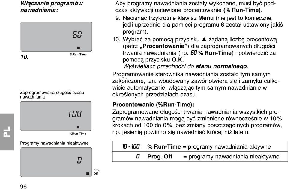 Wybraж za pomoc przycisku ї dan liczbк procentow (patrz Procentowanie ) dla zaprogramowanych dіugoњci trwania nawadniania (np. 60 % Run-Time) i potwierdziж za pomoc przycisku O.K.