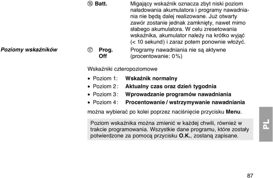 Programy nawadniania nie s aktywne Off (procentowanie: 0%) Wskaџniki czteropoziomowe Poziom 1: Wskaџnik normalny Poziom 2: Aktualny czas oraz dzieс tygodnia Poziom 3: Wprowadzanie programуw