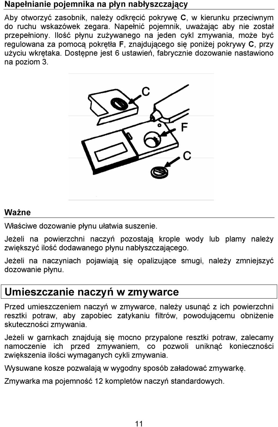 Dostępne jest 6 ustawień, fabrycznie dozowanie nastawiono na poziom 3. Ważne Właściwe dozowanie płynu ułatwia suszenie.