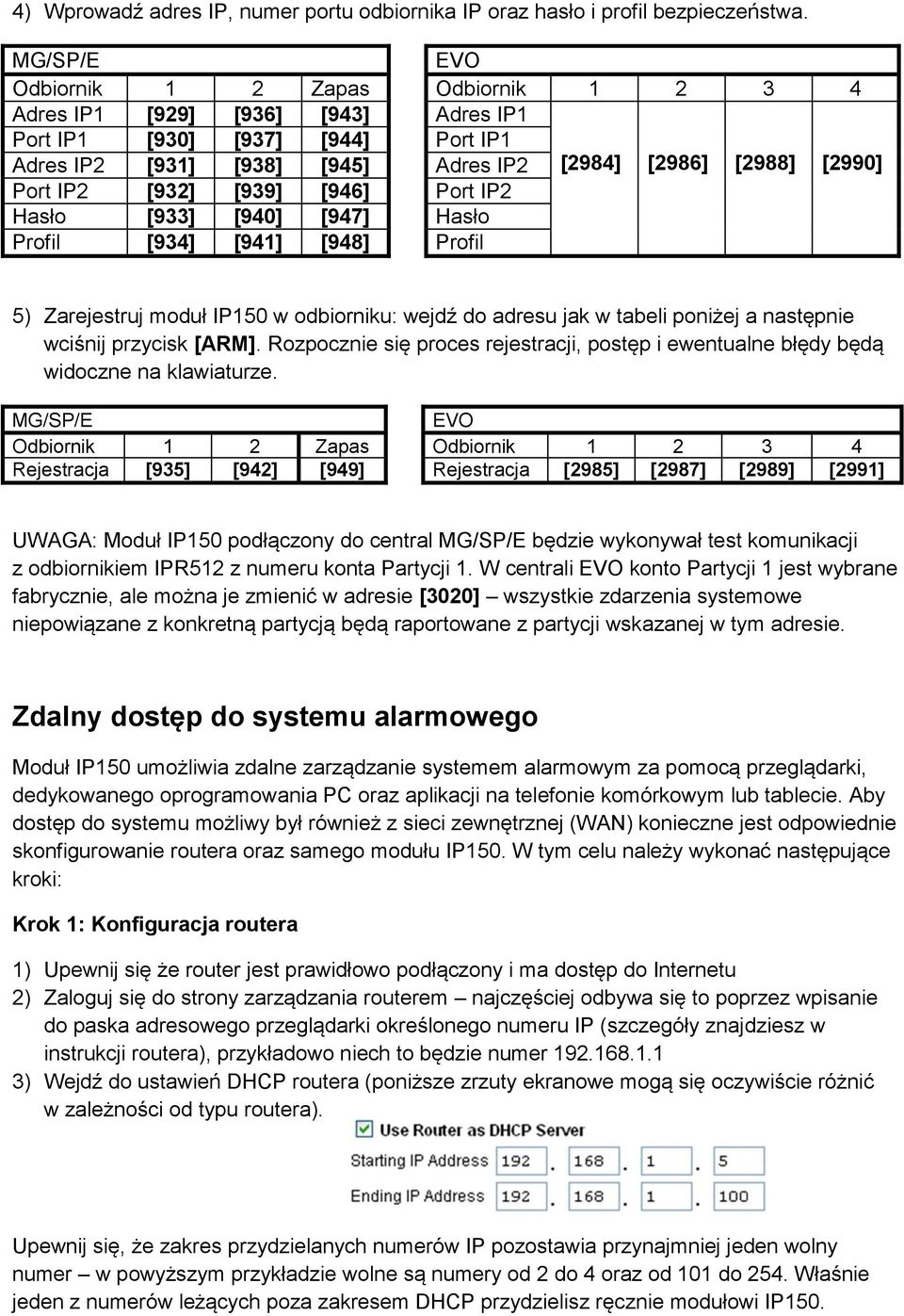 [932] [939] [946] Port IP2 Hasło [933] [940] [947] Hasło Profil [934] [941] [948] Profil 5) Zarejestruj moduł IP150 w odbiorniku: wejdź do adresu jak w tabeli poniżej a następnie wciśnij przycisk