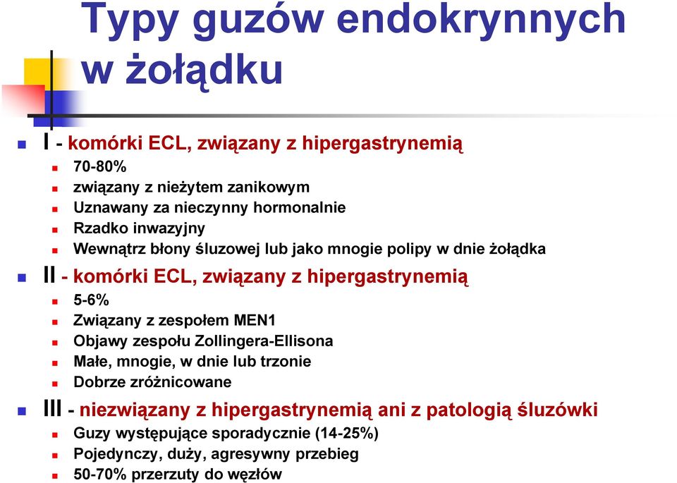 5-6% Związany z zespołem MEN1 Objawy zespołu Zollingera-Ellisona Małe, mnogie, w dnie lub trzonie Dobrze zróżnicowane III - niezwiązany z