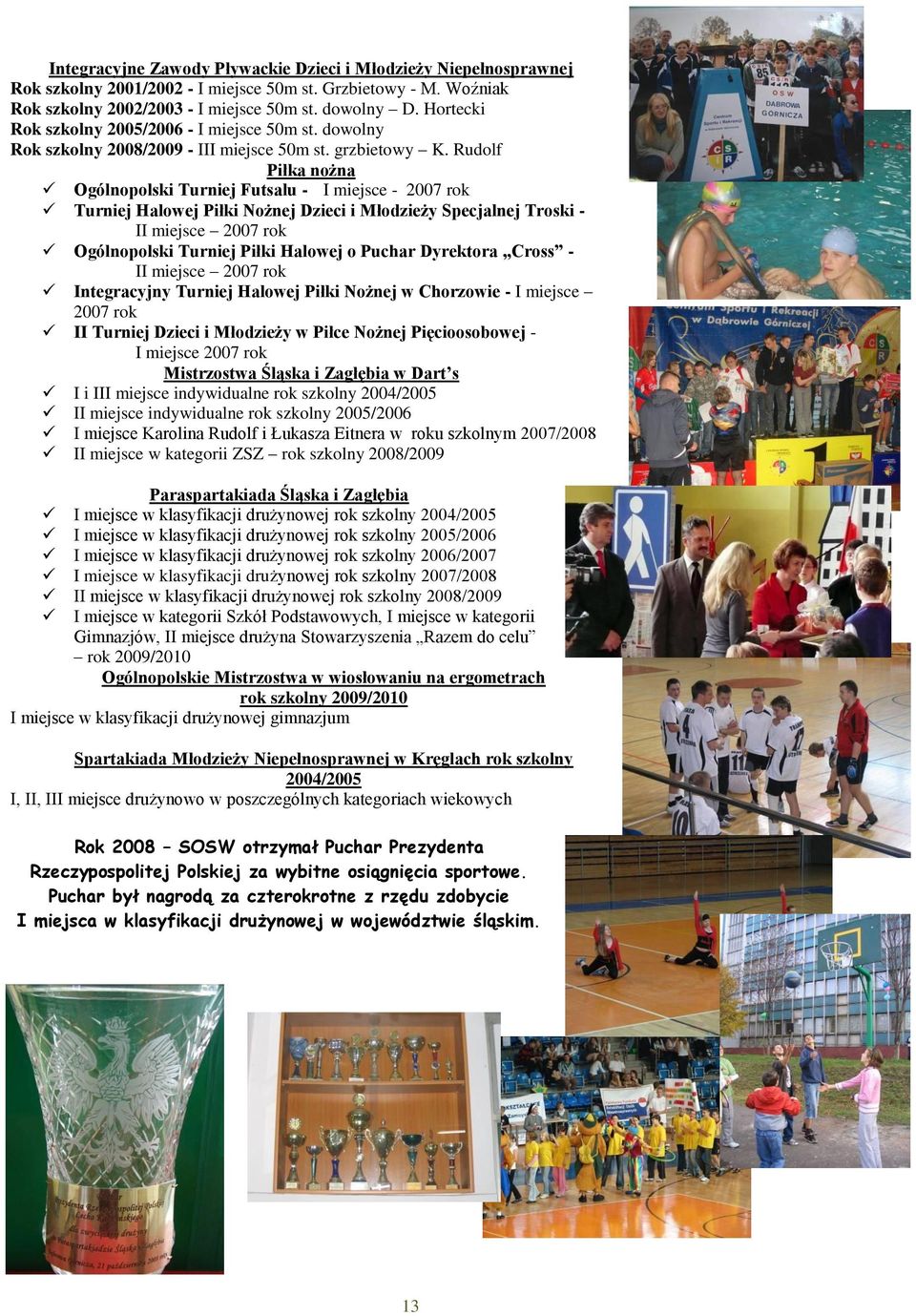 Rudolf Piłka nożna Ogólnopolski Turniej Futsalu - I miejsce - 2007 rok Turniej Halowej Piłki Nożnej Dzieci i Młodzieży Specjalnej Troski - II miejsce 2007 rok Ogólnopolski Turniej Piłki Halowej o