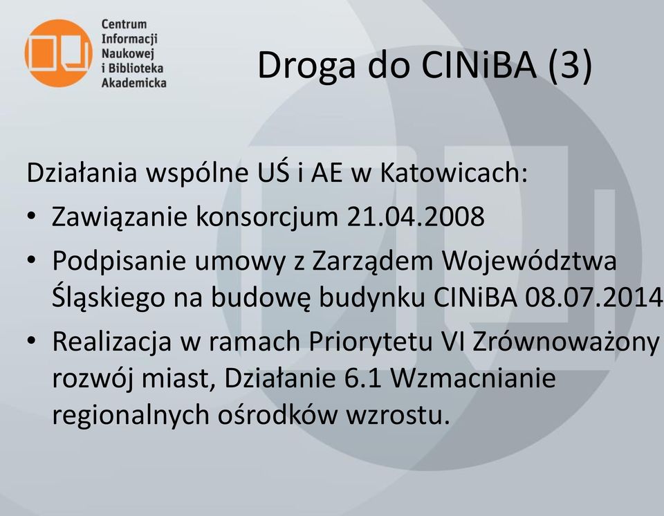 2008 Podpisanie umowy z Zarządem Województwa Śląskiego na budowę budynku