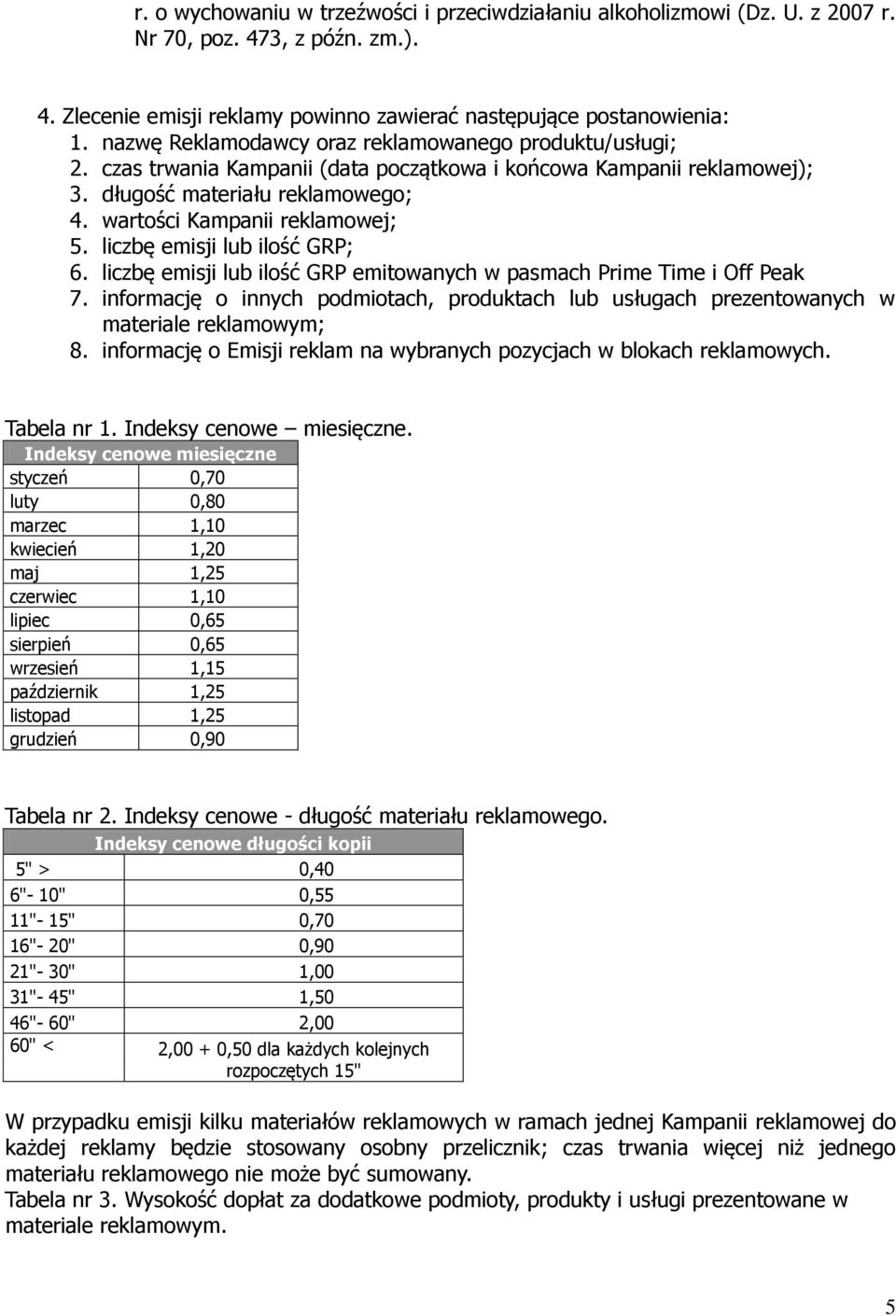 liczbę emisji lub ilość GRP; 6. liczbę emisji lub ilość GRP emitowanych w pasmach Prime Time i Off Peak 7.