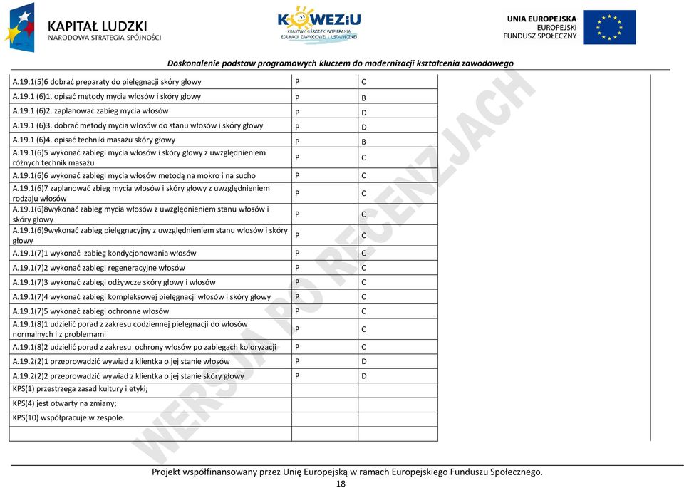 19.1(6)6 wykonać zabiegi mycia włosów metodą na mokro i na sucho A.19.1(6)7 zaplanować zbieg mycia włosów i skóry głowy z uwzględnieniem rodzaju włosów A.19.1(6)8wykonać zabieg mycia włosów z uwzględnieniem stanu włosów i skóry głowy A.