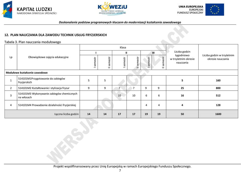 okresie nauczania Liczba godzin w trzyletnim okresie nauczania Modułowe kształcenie zawodowe 1 514101M1rzygotowanie do zabiegów fryzjerskich 5 5 5 160 2 514101M2 Kształtowanie i