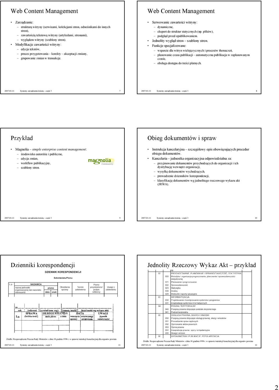 Web Content Management Serwowanie zawartości witryny: dynamiczne, eksport do struktur statycznych (np. plików), podgląd przed opublikowaniem. Jednolity wygląd stron szablony stron.