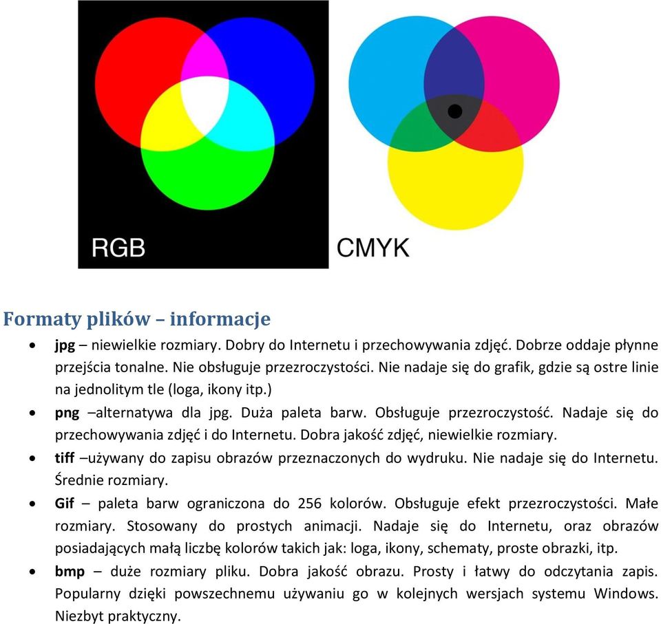 Nadaje się do przechowywania zdjęć i do Internetu. Dobra jakość zdjęć, niewielkie rozmiary. tiff używany do zapisu obrazów przeznaczonych do wydruku. Nie nadaje się do Internetu. Średnie rozmiary.