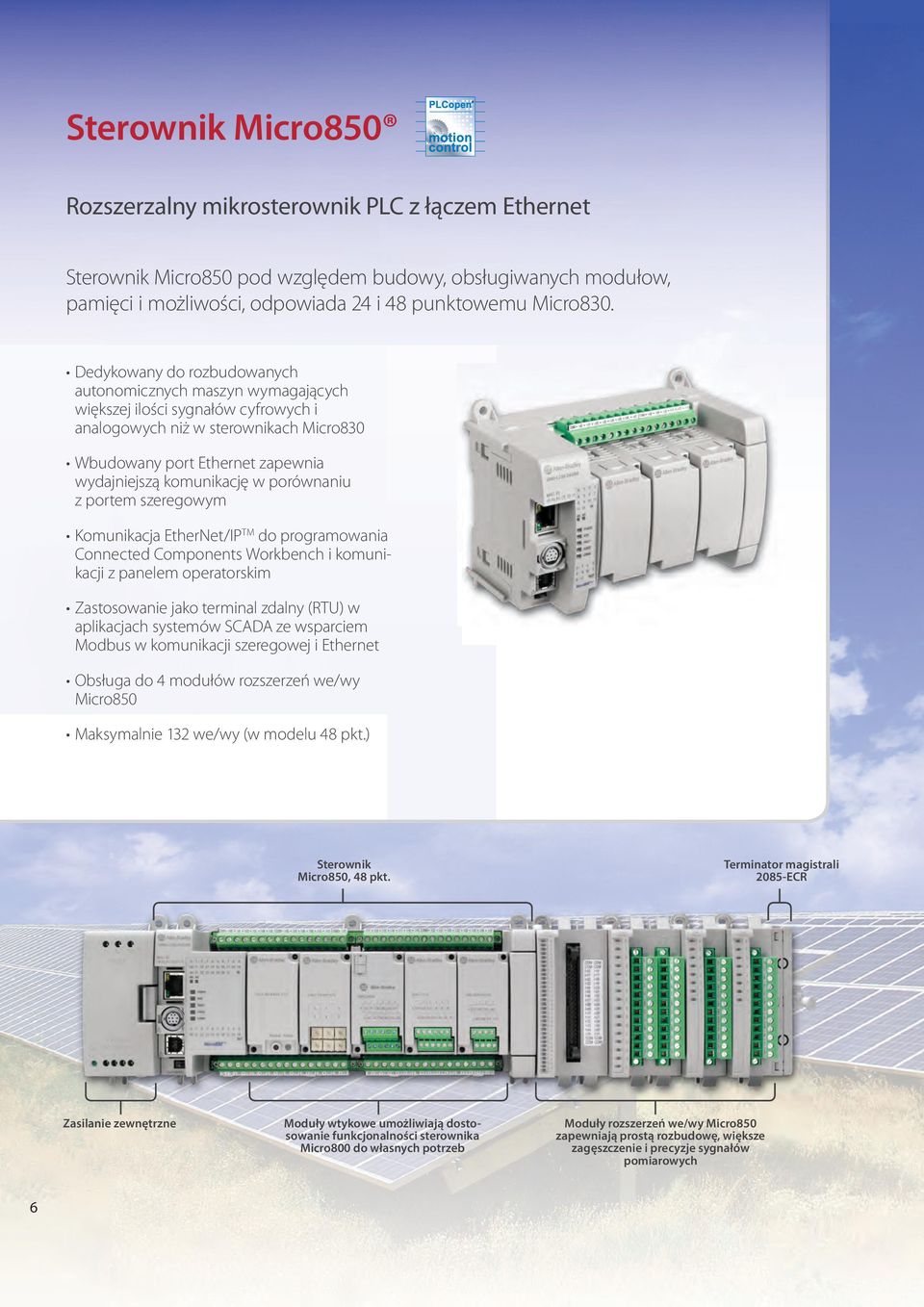 porównaniu z portem szeregowym Komunikacja EtherNet/IP TM do programowania Connected Components Workbench i komunikacji z panelem operatorskim Zastosowanie jako terminal zdalny (RTU) w aplikacjach