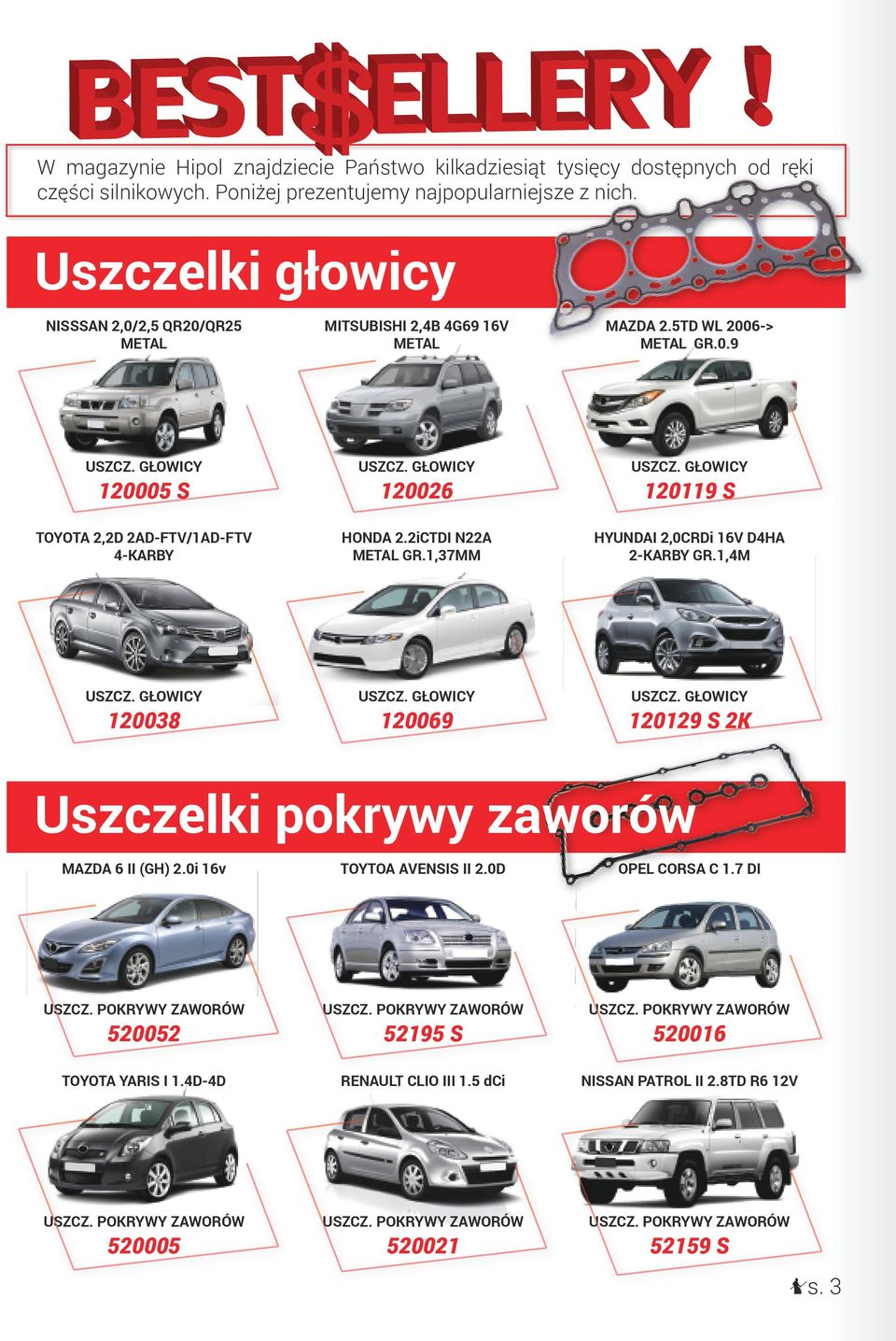 GŁOWICY 120119 S TOYOTA 2,2D 2AD-FTV/1AD-FTV 4-KARBY HONDA 2.2iCTDI N22A METAL GR.1,37MM HYUNDAI 2,0CRDi 16V D4HA 2-KARBY GR.1,4M USZCZ. GŁOWICY 120038 USZCZ. GŁOWICY 120069 USZCZ.