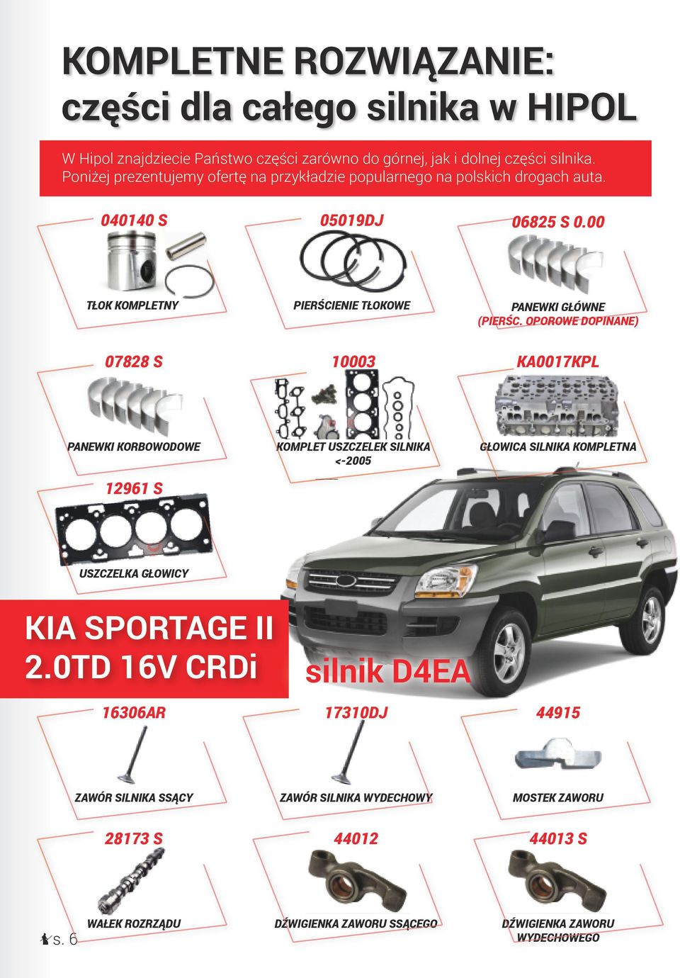 OPOROWE DOPINANE) 07828 S 10003 KA0017KPL 12961 S KOMPLET USZCZELEK SILNIKA <-2005 GŁOWICA SILNIKA KOMPLETNA USZCZELKA GŁOWICY KIA SPORTAGE II 2.