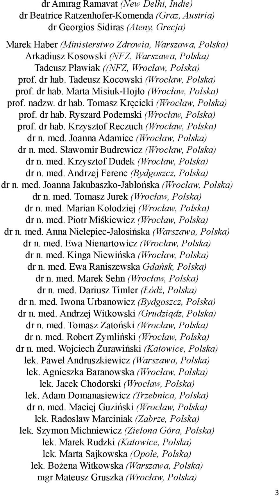 dr hab. Ryszard Podemski (Wrocław, Polska) prof. dr hab. Krzysztof Reczuch (Wrocław, Polska) dr n. med. Joanna Adamiec (Wrocław, Polska) dr n. med. Sławomir Budrewicz (Wrocław, Polska) dr n. med. Krzysztof Dudek (Wrocław, Polska) dr n.