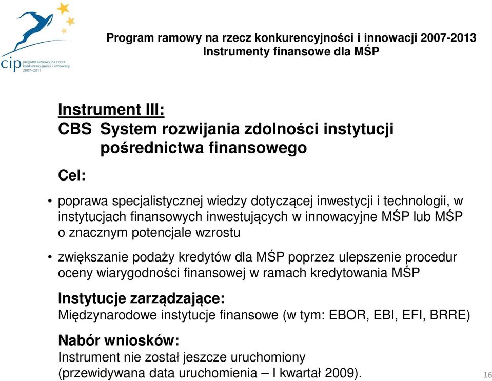 MŚP poprzez ulepszenie procedur oceny wiarygodności finansowej w ramach kredytowania MŚP Instytucje zarządzające: Międzynarodowe instytucje