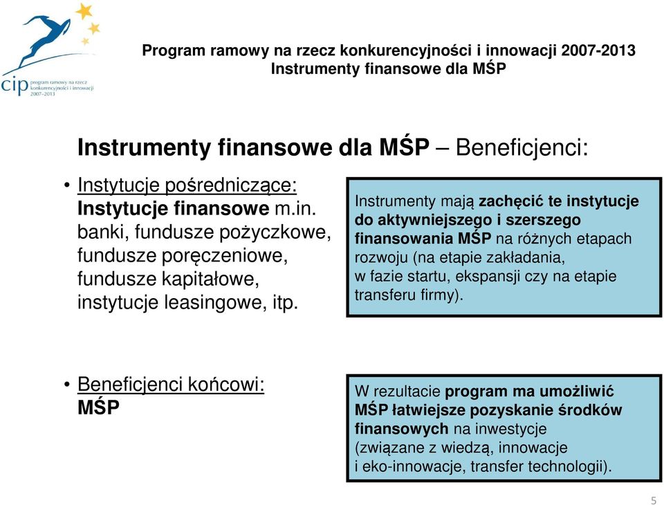 Instrumenty mają zachęcić te instytucje do aktywniejszego i szerszego finansowania MŚP na różnych etapach rozwoju (na etapie zakładania, w