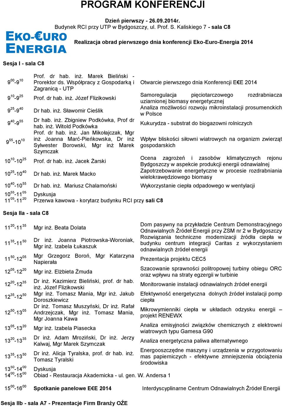 Współpracy z Gospodarką i Zagranicą - UTP 9 10-9 25 Prof. dr hab. inż. Józef Flizikowski 9 25-9 40 Dr hab. inż. Sławomir Cieślik 9 40 55 Dr hab. inż. Zbigniew Podkówka, Prof dr -9 hab. inż. Witold Podkówka Prof.