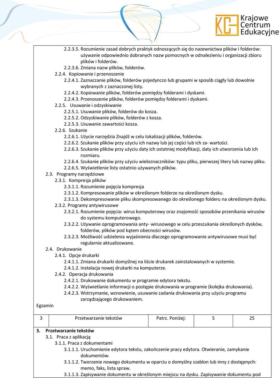 2.2.4.3. Przenoszenie plików, folderów pomiędzy folderami i dyskami. 2.2.5. Usuwanie i odzyskiwanie 2.2.5.1. Usuwanie plików, folderów do kosza. 2.2.5.2. Odzyskiwanie plików, folderów z kosza. 2.2.5.3. Usuwanie zawartości kosza.