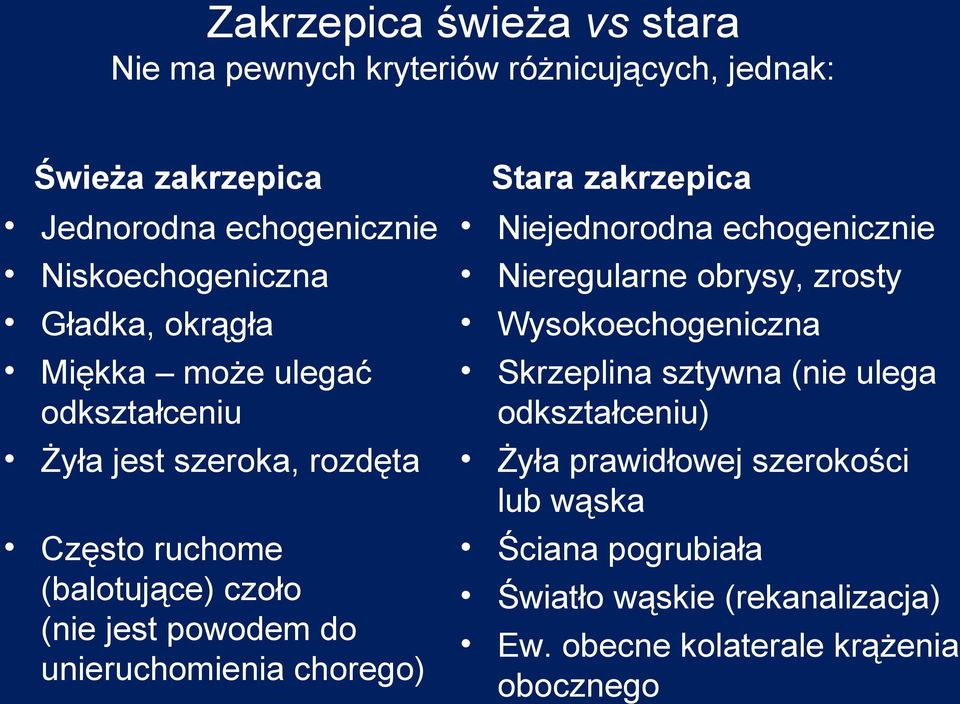 powodem do unieruchomienia chorego) Niejednorodna echogenicznie Nieregularne obrysy, zrosty Wysokoechogeniczna Skrzeplina sztywna (nie