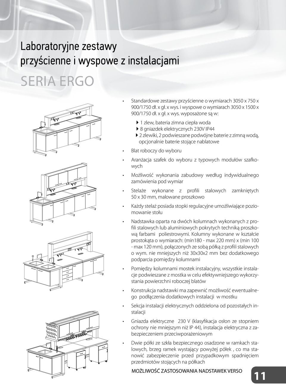 wyposażone są w: 1 zlew, bateria zimna ciepła woda 8 gniazdek elektrycznych 230V IP44 2 zlewiki, 2 podwieszane podwójne baterie z zimną wodą, opcjonalnie baterie stojące nablatowe Blat roboczy do