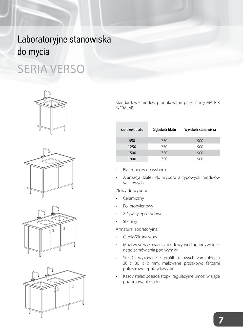 modułów szafkowych Zlewy do wyboru: Ceramiczny Polipropylenowy Z żywicy epoksydowej Stalowy Armatura laboratoryjna: Ciepła/Zimna woda Możliwość wykonania zabudowy