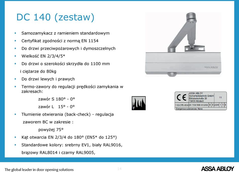 prędkości zamykania w zakresach: zawór S 180-0 zawór L 15-0 Tłumienie otwierania (back-check) - regulacja zaworem BC w zakresie :