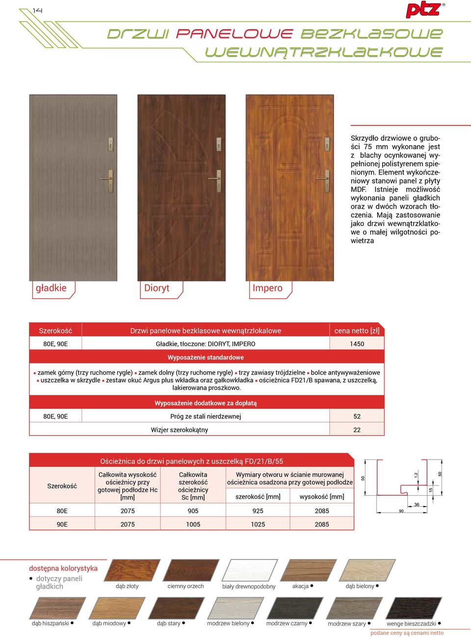 Mają zastosowanie jako drzwi wewnątrzklatkowe o małej wilgotności powietrza gładkie Dioryt Impero Szerokość Drzwi panelowe bezklasowe wewnątrzlokalowe cena netto [zł] 80E, 90E Gładkie, tłoczone: