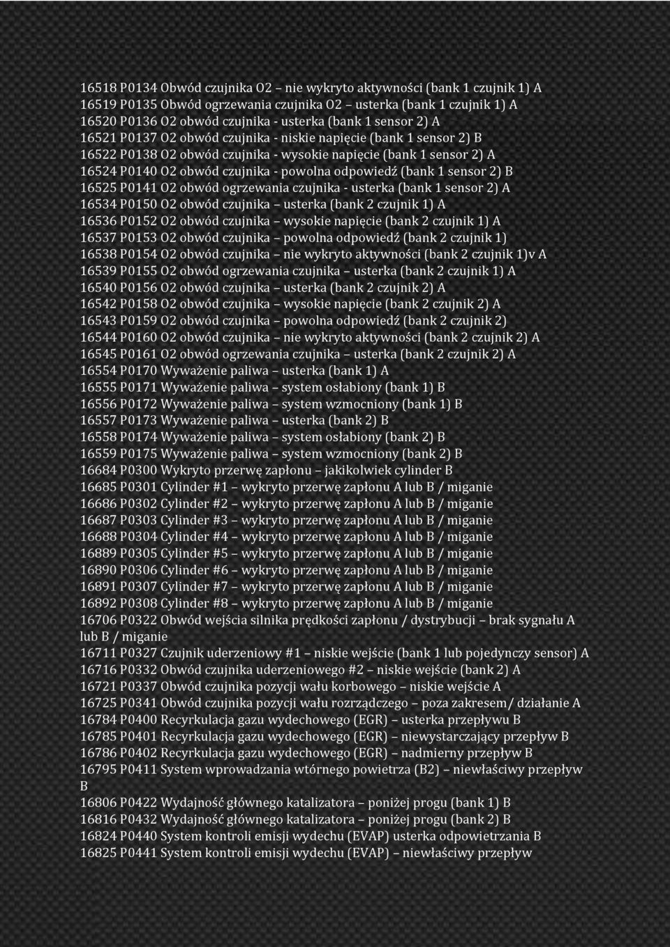 sensor 2) B 16525 P0141 O2 obwód ogrzewania czujnika - usterka (bank 1 sensor 2) A 16534 P0150 O2 obwód czujnika usterka (bank 2 czujnik 1) A 16536 P0152 O2 obwód czujnika wysokie napięcie (bank 2