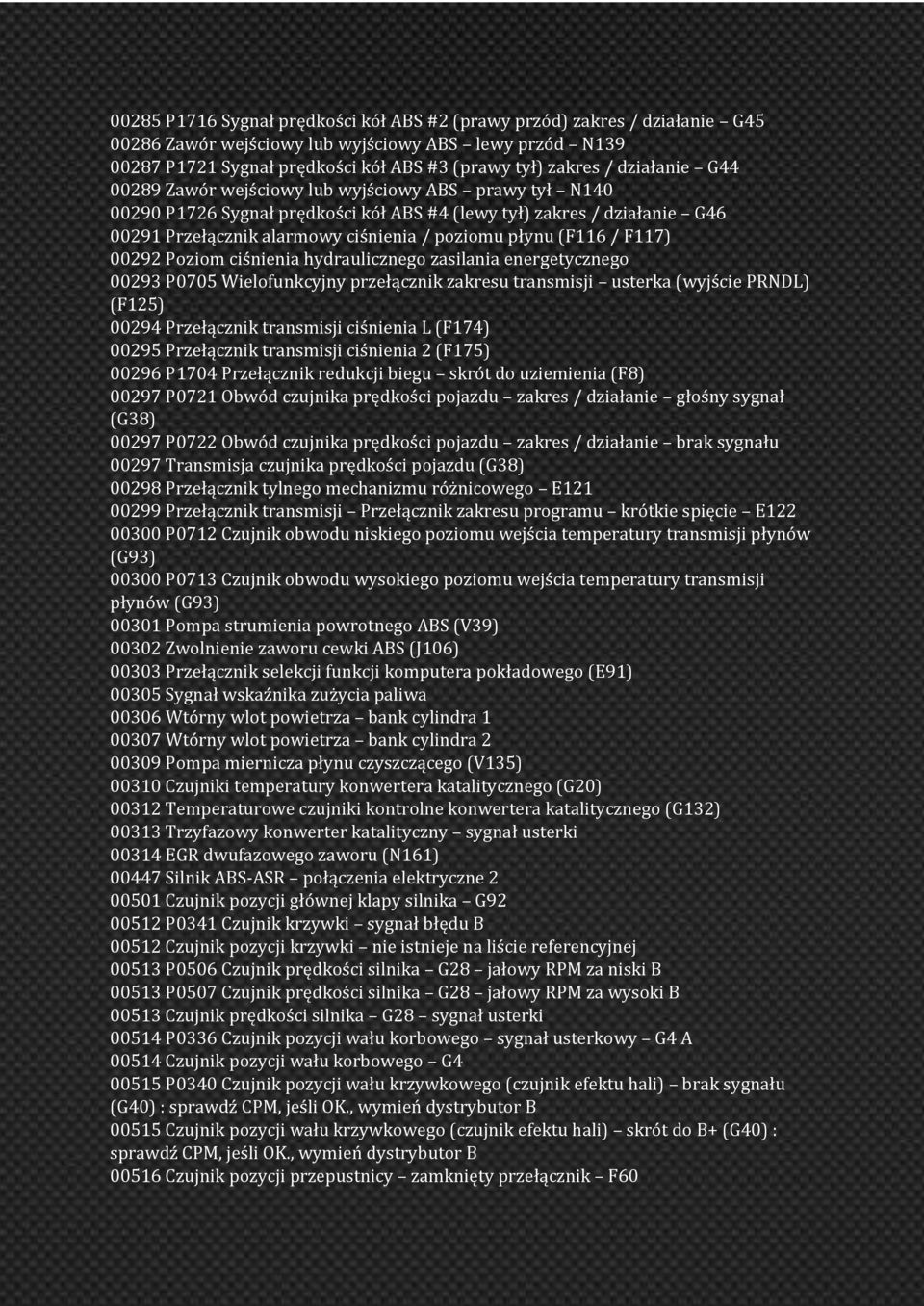 (F116 / F117) 00292 Poziom ciśnienia hydraulicznego zasilania energetycznego 00293 P0705 Wielofunkcyjny przełącznik zakresu transmisji usterka (wyjście PRNDL) (F125) 00294 Przełącznik transmisji