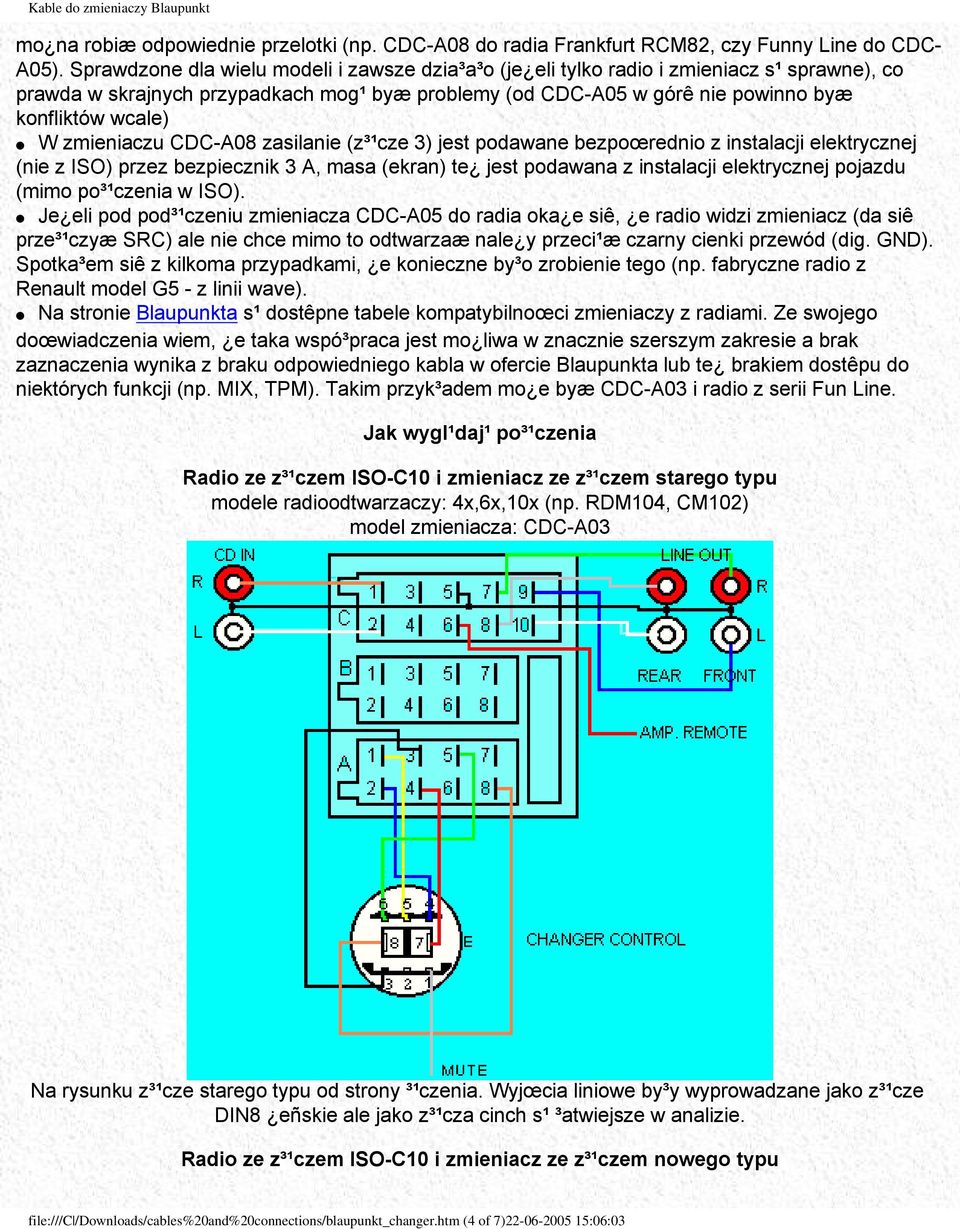 zmieniaczu CDC-A08 zasilanie (z³¹cze 3) jest podawane bezpoœrednio z instalacji elektrycznej (nie z ISO) przez bezpiecznik 3 A, masa (ekran) te jest podawana z instalacji elektrycznej pojazdu (mimo