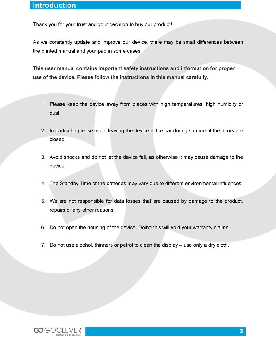 This user manual contains important safety instructions and information for proper use of the device. Please follow the instructions in this manual carefully. 1.