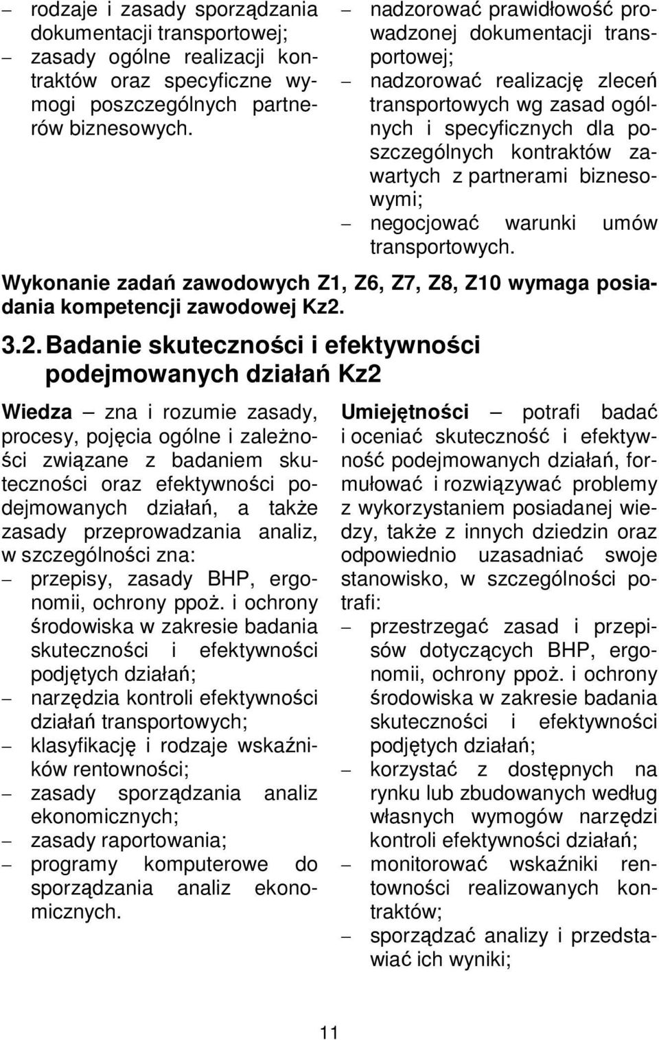 biznesowymi; negocjować warunki umów transportowych. Wykonanie zadań zawodowych Z1, Z6, Z7, Z8, Z10 wymaga posiadania kompetencji zawodowej Kz2.