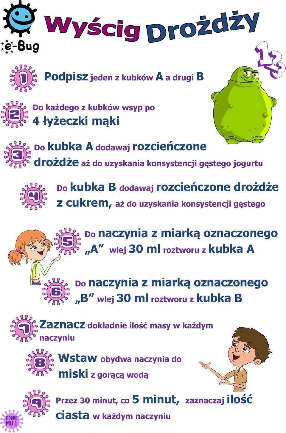 miarką oznaczonego A wlej 30 ml roztworu z kubka A Do naczynia z miarką oznaczonego B wlej 30 ml roztworu z kubka B Zaznacz dokładnie