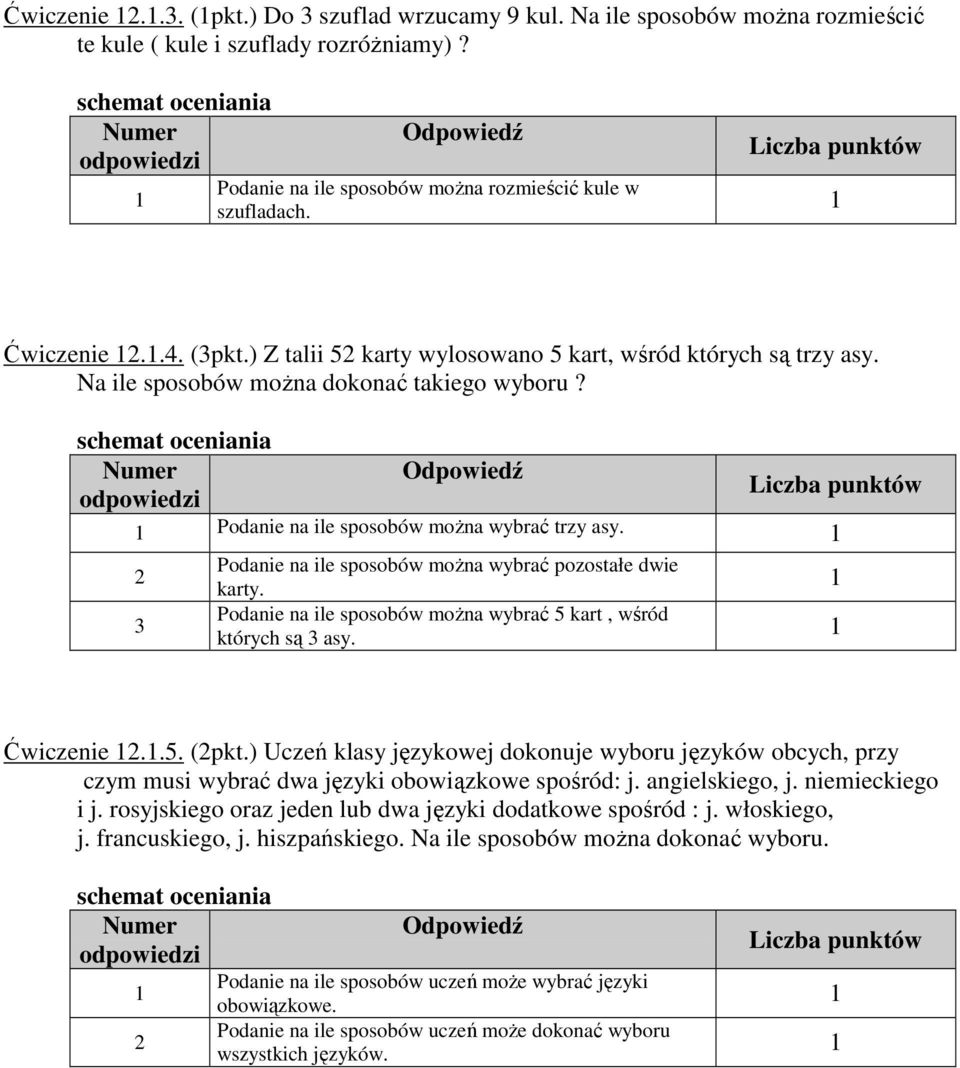 2 3 Podanie na ile sposobów moŝna wybrać pozostałe dwie karty. Podanie na ile sposobów moŝna wybrać 5 kart, wśród których są 3 asy. Ćwiczenie 2..5. (2pkt.