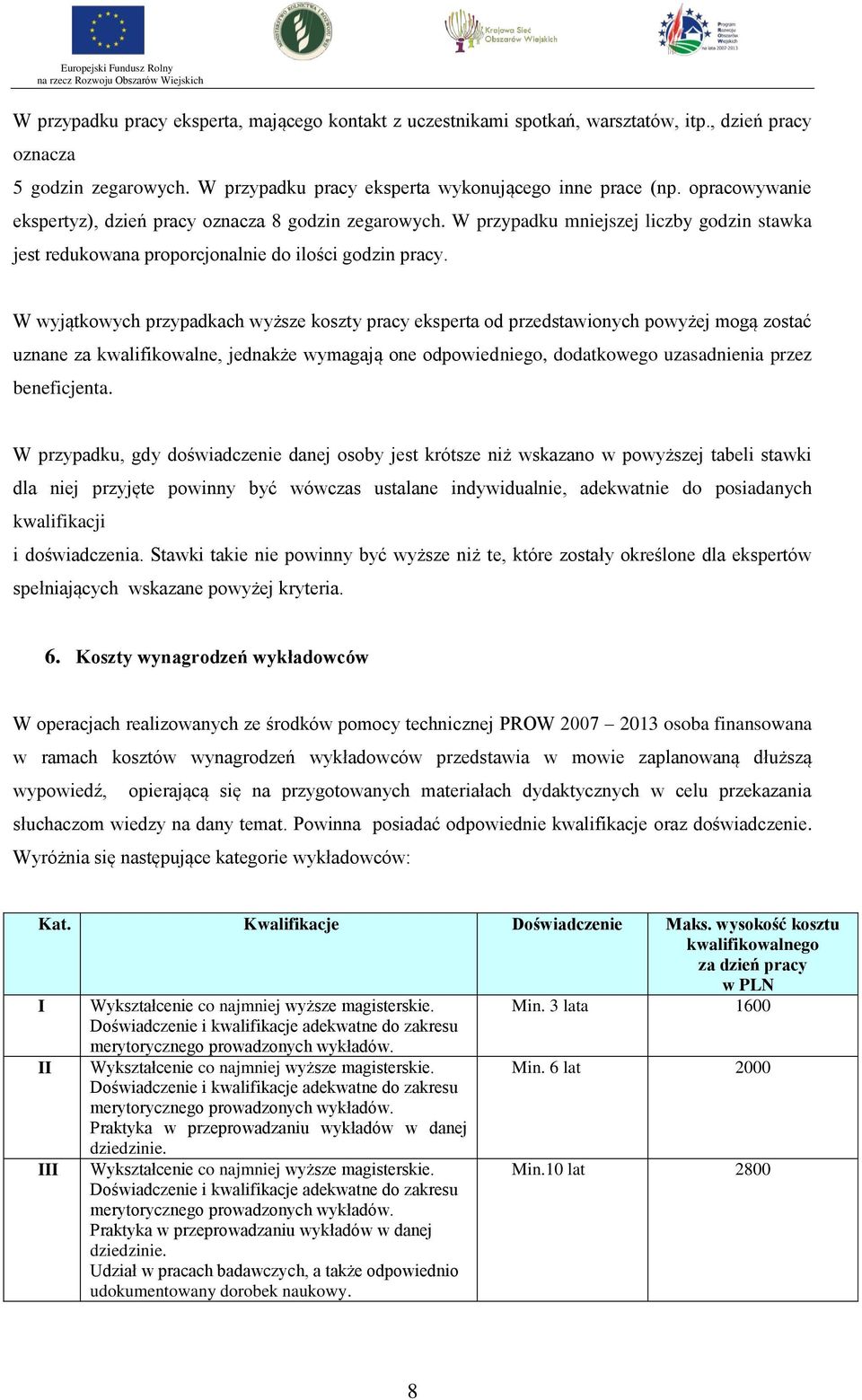 W wyjątkowych przypadkach wyższe koszty pracy eksperta od przedstawionych powyżej mogą zostać uznane za kwalifikowalne, jednakże wymagają one odpowiedniego, dodatkowego uzasadnienia przez