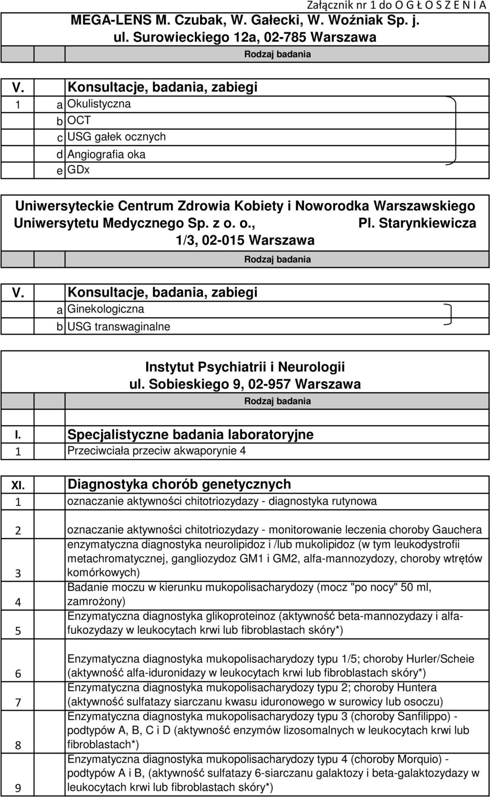 Starynkiewicza 1/3, 02-015 Warszawa V. Konsultacje, badania, zabiegi a Ginekologiczna b USG transwaginalne Instytut Psychiatrii i Neurologii ul.