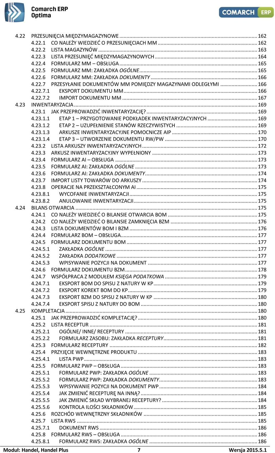 .. 166 4.22.7.2 IMPORT DOKUMENTU MM... 167 4.23 INWENTARYZACJA... 169 4.23.1 JAK PRZEPROWADZIĆ INWENTARYZACJĘ?... 169 4.23.1.1 ETAP 1 PRZYGOTOWANIE PODKŁADEK INWENTARYZACYJNYCH... 169 4.23.1.2 ETAP 2 UZUPEŁNIENIE STANÓW RZECZYWISTYCH.