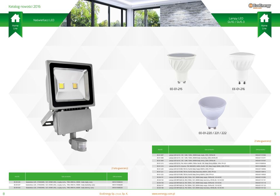 neutralny, 230V, CRI/Ra 80 5902431101071 EE-01-009 Lampa LED GU10, 120', 1,8W, 150lm, 6000K-biały zimny, 230V, CRI/Ra 80 5902431101507 EE-01-215 Lampa LED GU10, 7W, HIGH LUMEN, 700lm, Ra 80, 100',