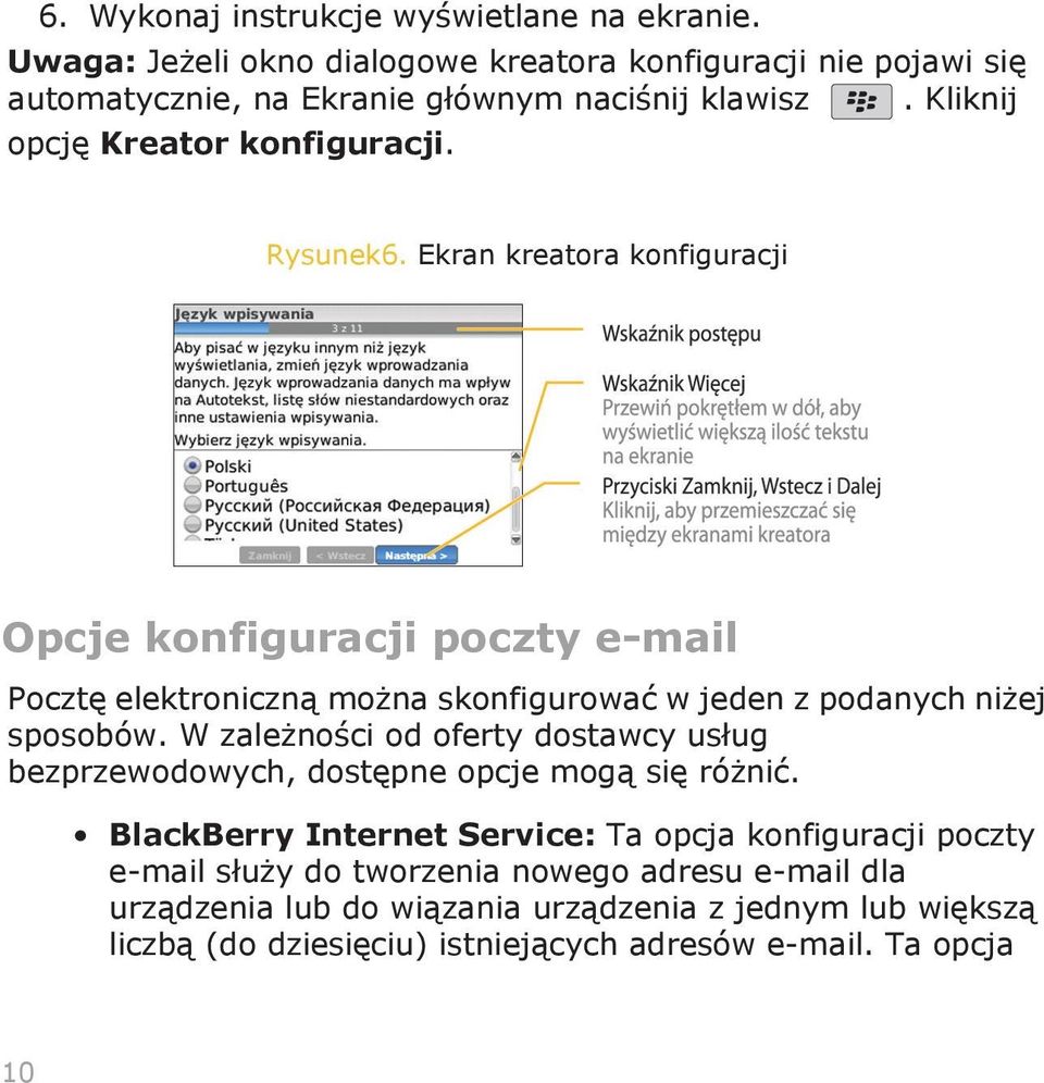 Ekran kreatora konfiguracji Opcje konfiguracji poczty e-mail Pocztę elektroniczną można skonfigurować w jeden z podanych niżej sposobów.