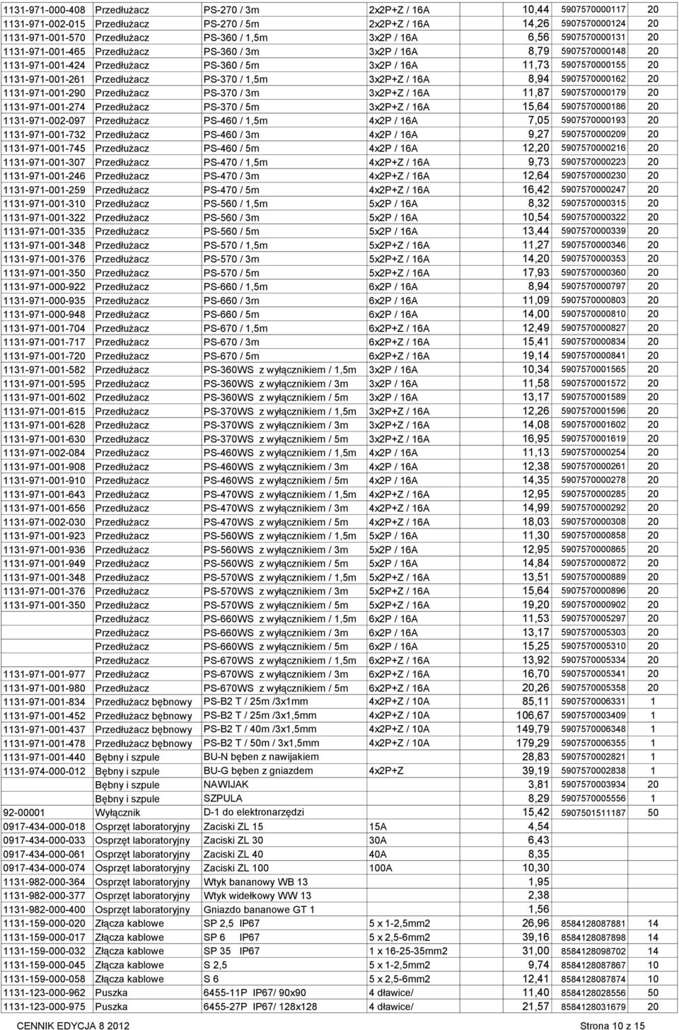 Przedłużacz PS-370 / 1,5m 3x2P+Z / 16A 8,94 5907570000162 20 1131-971-001-290 Przedłużacz PS-370 / 3m 3x2P+Z / 16A 11,87 5907570000179 20 1131-971-001-274 Przedłużacz PS-370 / 5m 3x2P+Z / 16A 15,64