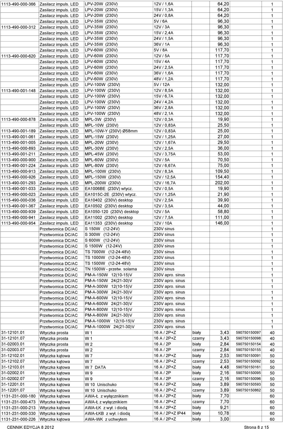 LED LPV-35W (230V) 24V / 1,5A 96,30 1 Zasilacz impuls. LED LPV-35W (230V) 36V / 1A 96,30 1 Zasilacz impuls. LED LPV-60W (230V) 5V / 8A 117,70 1 1113-490-000-620 Zasilacz impuls.